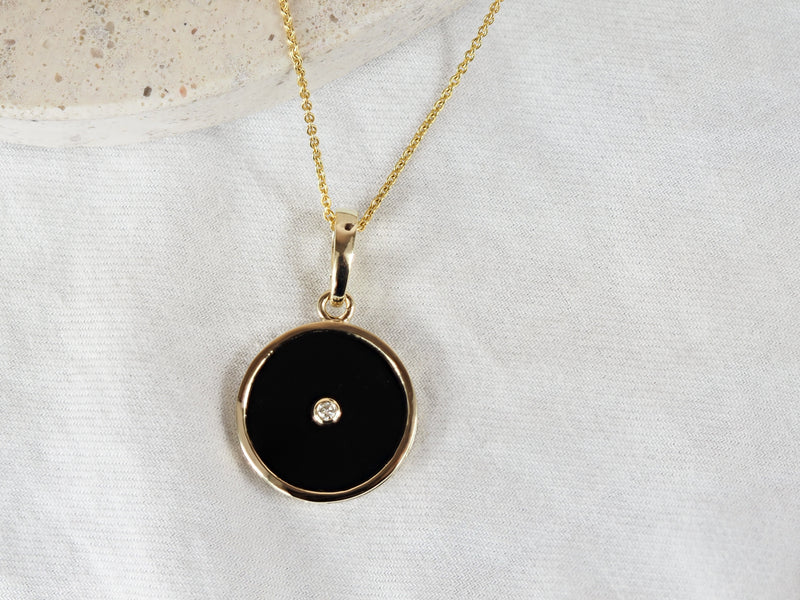 9ct Yellow Gold Onyx and Diamond Enhancer Pendant