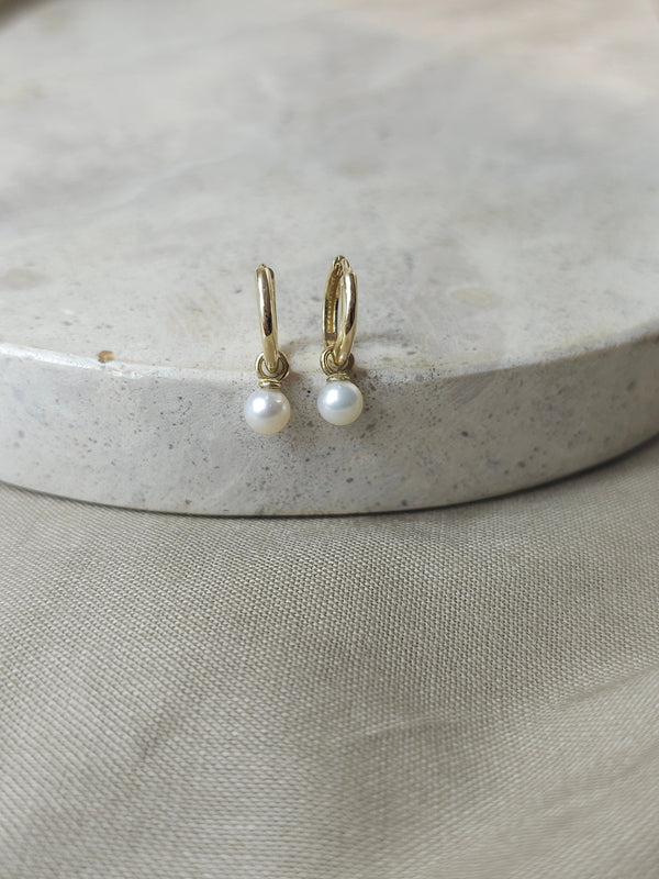 9ct Yellow Gold Huggie Earrings with Pearl Drop