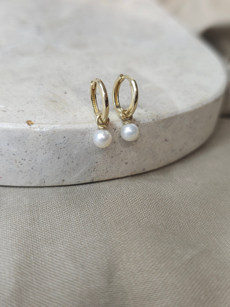 9ct Yellow Gold Huggie Earrings with Pearl Drop