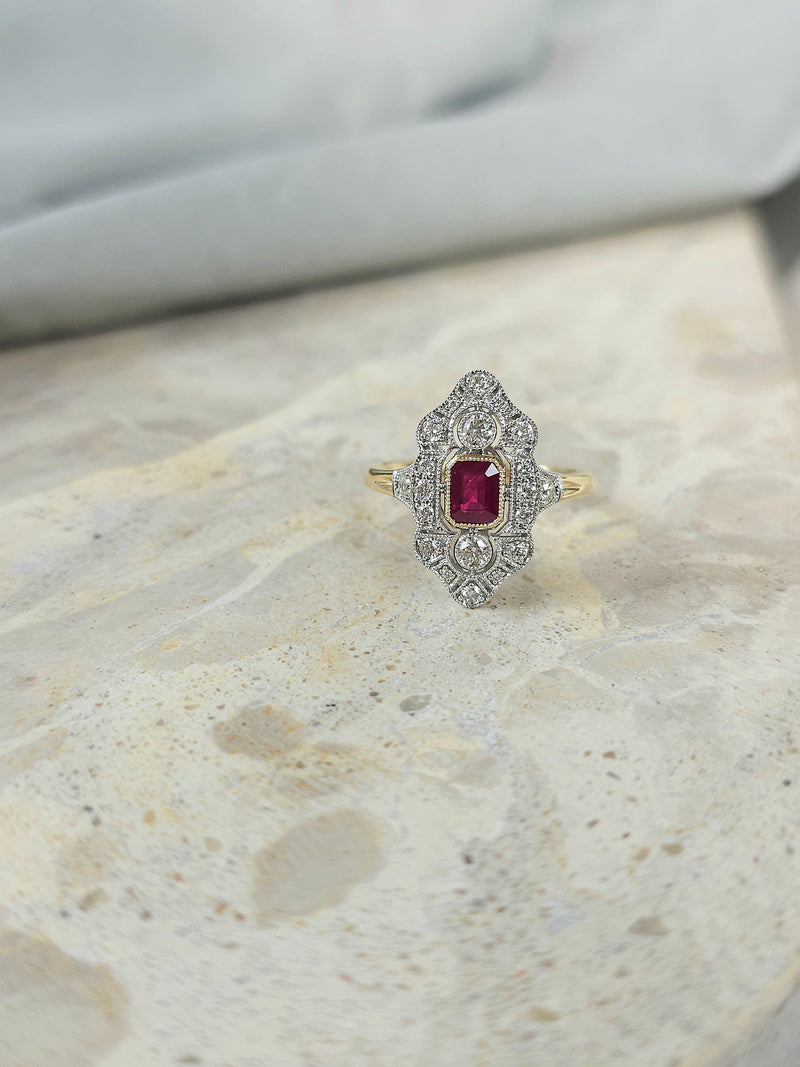 9ct Yellow and White Gold Ruby and Diamond ring, 0.54ct centre