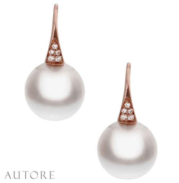 Autore 18ct gold 12mm South Sea button pearl and diamond drop earrings