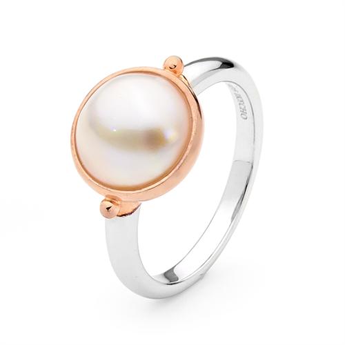 Sterling Silver White 10mm Mabe Rose Gold Plated Ring