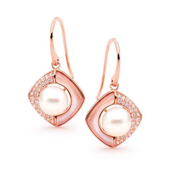 Freshwater Pearl, Mother of Pearl & Cubic Zirconia Hook Earrings 14ct Rose Gold Plated Sterling Silver