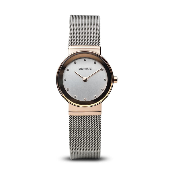 Bering Classic Polished Rose Gold Silver Mesh Watch