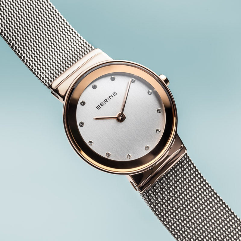 Bering Classic Polished Rose Gold Silver Mesh Watch