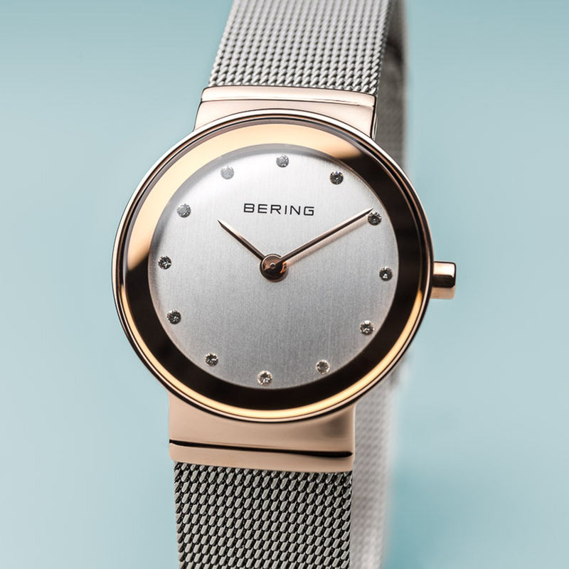 Bering Classic Polished Rose Gold Silver Mesh Watch