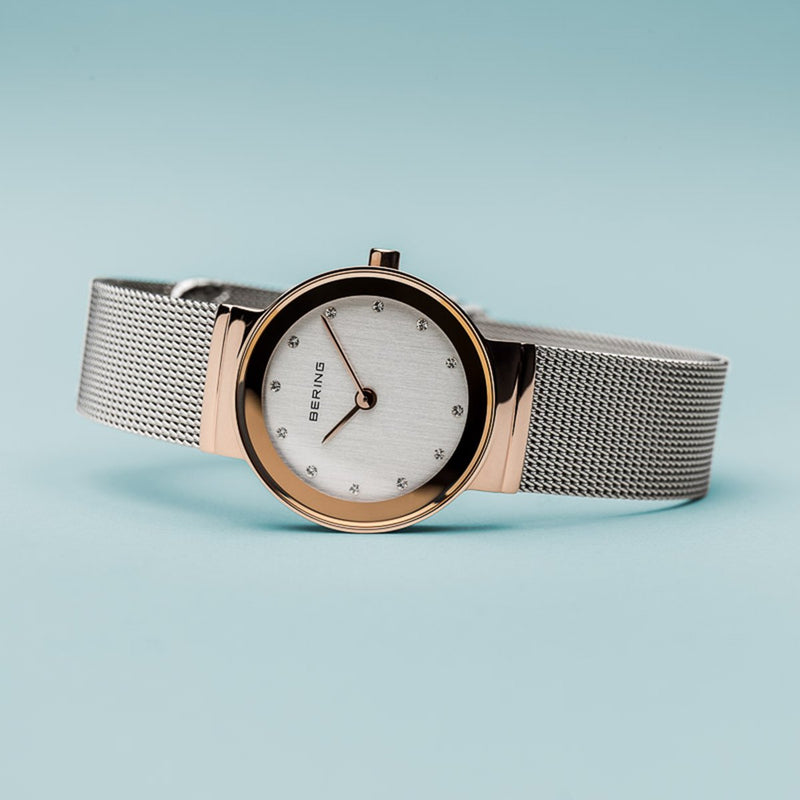 Bering Classic Polished Rose Gold Silver Mesh Watch