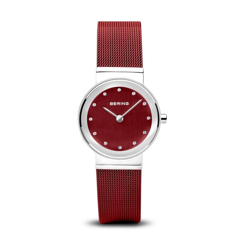 Bering Classic Polished Silver Red Mesh Watch