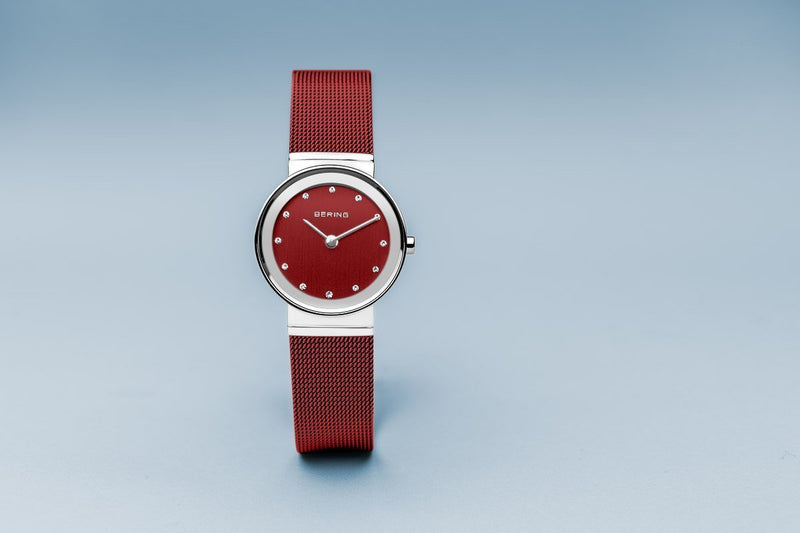 Bering Classic Polished Silver Red Mesh Watch