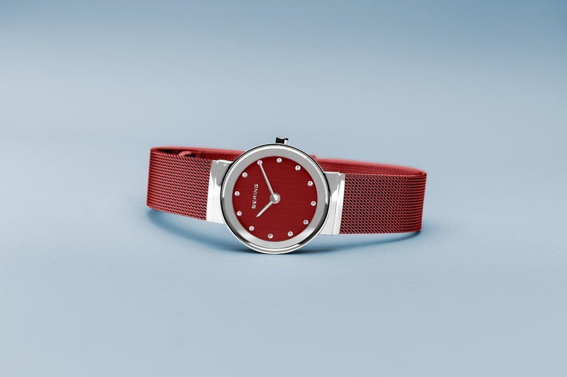 Bering Classic Polished Silver Red Mesh Watch