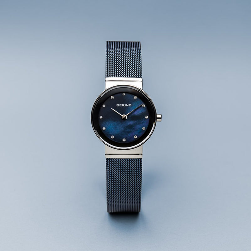 Bering Classic Polished Silver Blue Mesh Watch