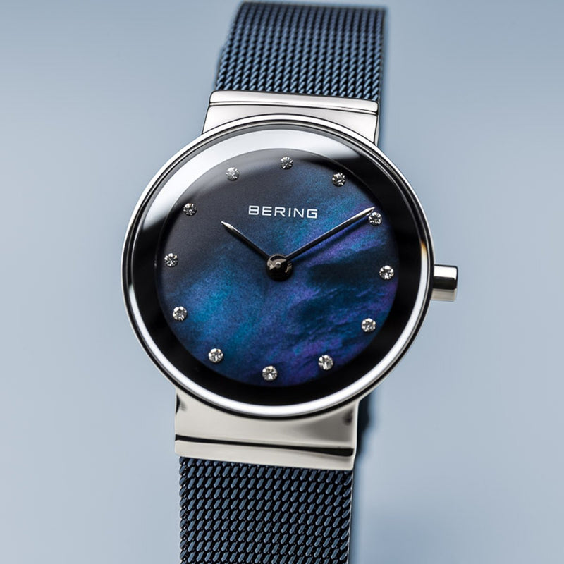 Bering Classic Polished Silver Blue Mesh Watch