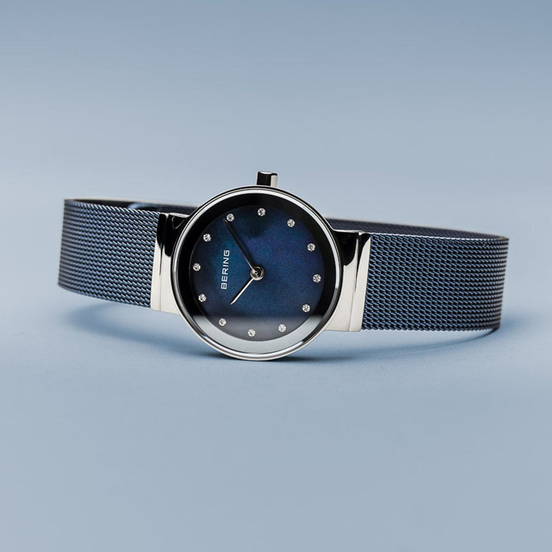 Bering Classic Polished Silver Blue Mesh Watch