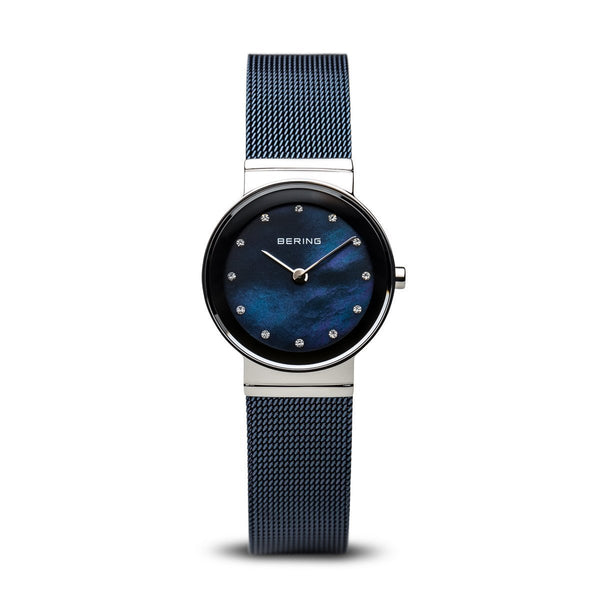 Bering Classic Polished Silver Blue Mesh Watch