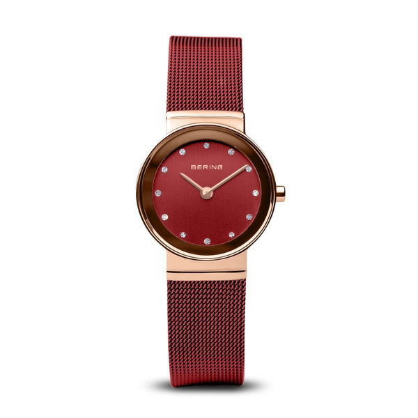 Bering Classic Polished Rose Gold Red Mesh Watch