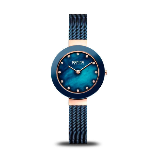 Bering Ceramic Polished Rose Gold Blue Pearl Watch
