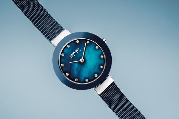 Bering Ceramic Polished Silver Blue Pearl Watch