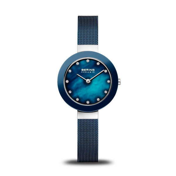 Bering Ceramic Polished Silver Blue Pearl Watch