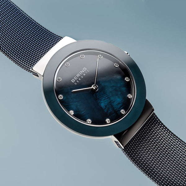 Bering Ceramic Polished Silver Arctic Blue Watch