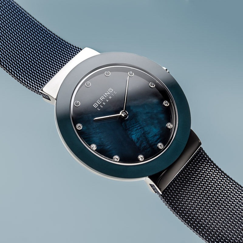 Bering Ceramic Polished Silver Arctic Blue Watch