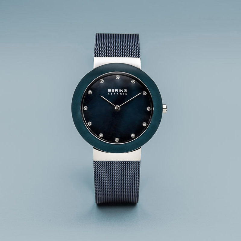 Bering Ceramic Polished Silver Arctic Blue Watch