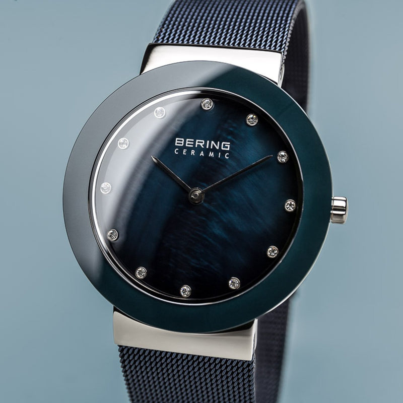 Bering Ceramic Polished Silver Arctic Blue Watch