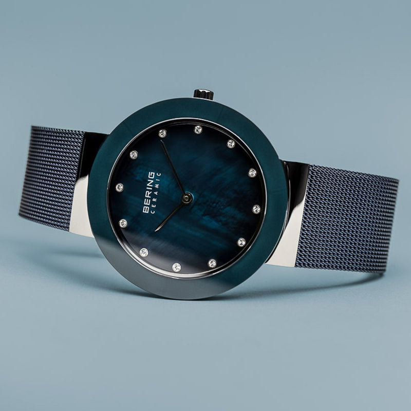 Bering Ceramic Polished Silver Arctic Blue Watch