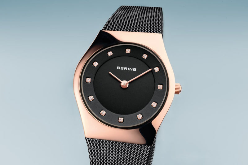 Bering Classic Polished Rose Gold Black Watch