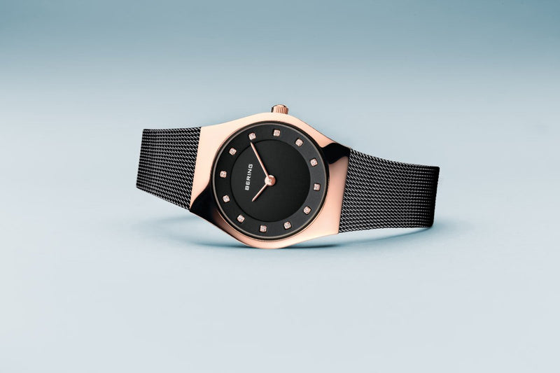 Bering Classic Polished Rose Gold Black Watch