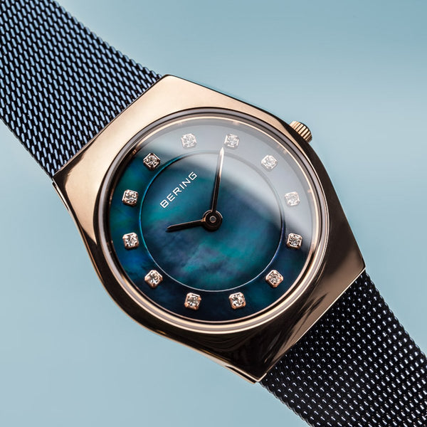 Bering Classic Polished Rose Gold Navy Blue Watch