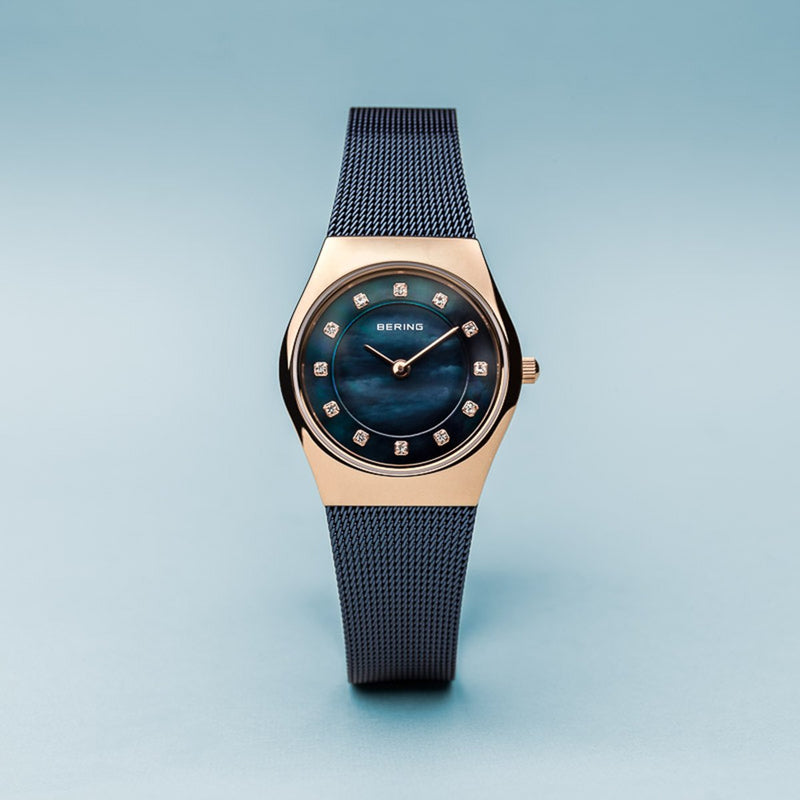 Bering Classic Polished Rose Gold Navy Blue Watch