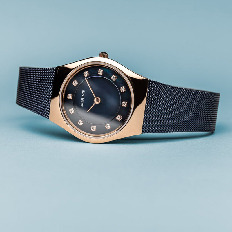 Bering Classic Polished Rose Gold Navy Blue Watch