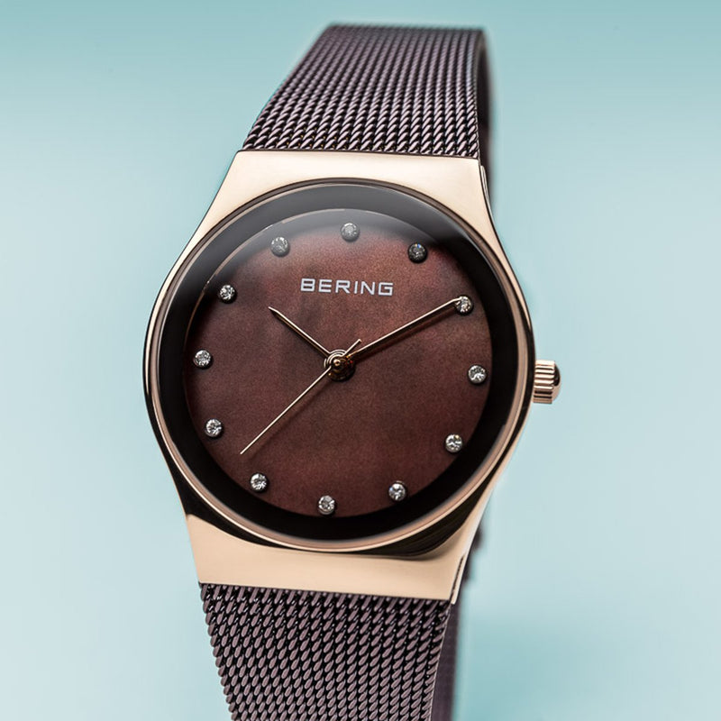 Bering Classic Polished Rose Gold Brown Milanese Mesh Watch