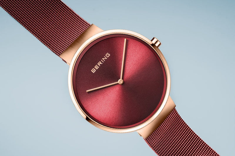 Bering Classic Brushed Rose Gold Red Mesh Watch