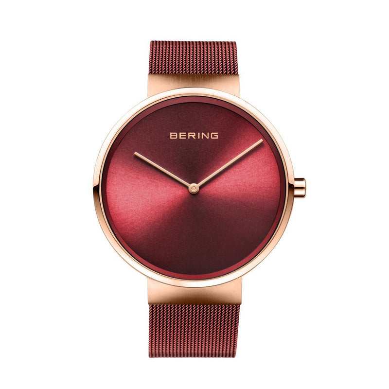Bering Classic Brushed Rose Gold Red Mesh Watch