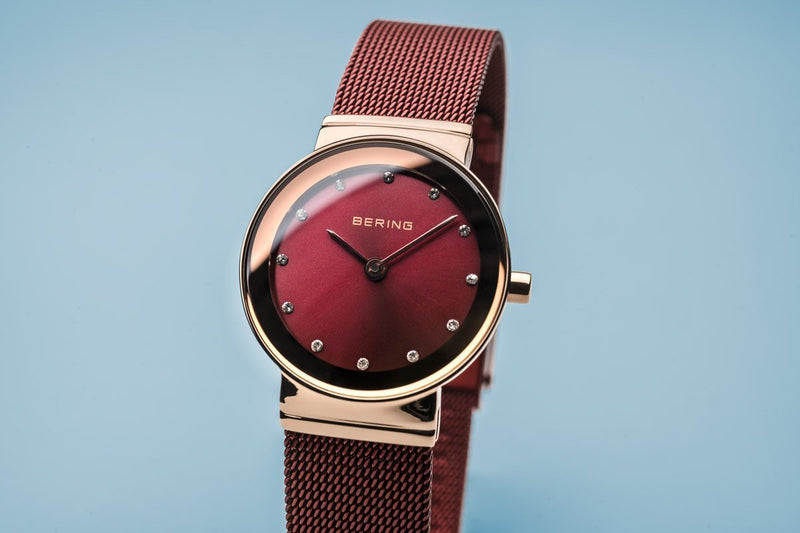 Bering Classic Polished Rose Gold Red Mesh Watch