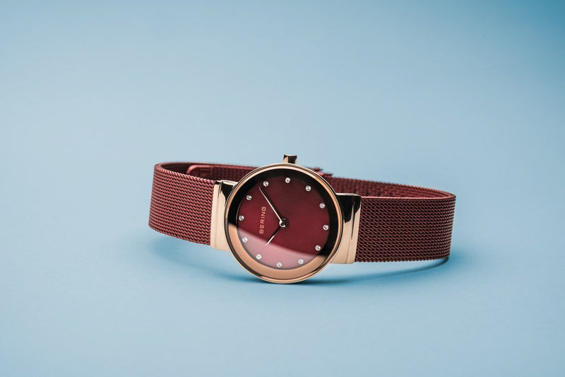 Bering Classic Polished Rose Gold Red Mesh Watch