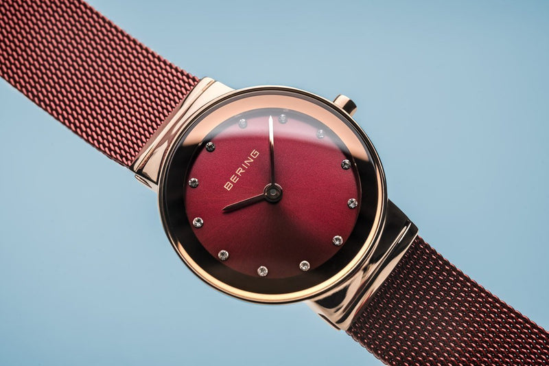 Bering Classic Polished Rose Gold Red Mesh Watch