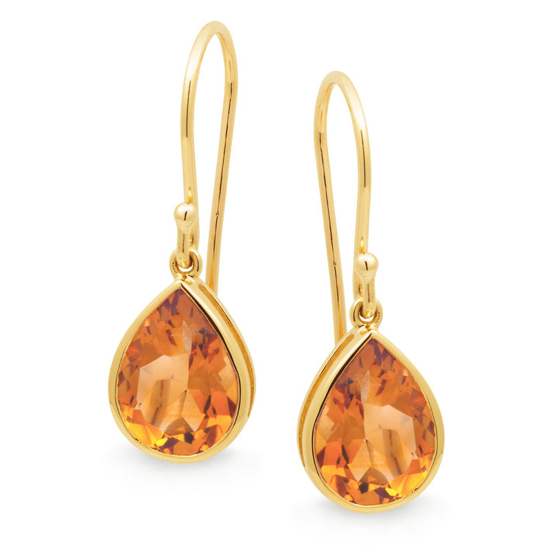 Citrine Bezel Set Shepherd Hook Earrings in 9ct Yellow Gold