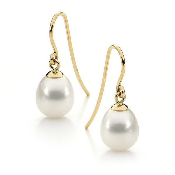 9Ct Yellow Gold White Freshwater Pearl Hook Earrings