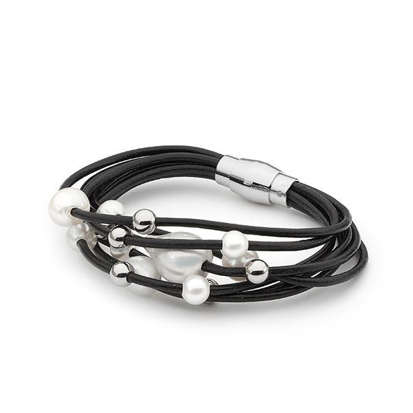 Sterling Silver & Black Leather Freshwater Pearl Bracelet