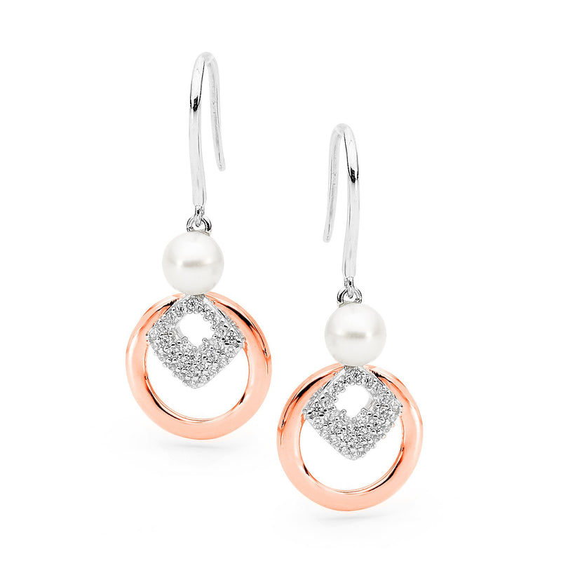 14ct Rose Gold Plated Sterling Silver Freshwater Pearl & Cubic Zirconia Hook Earrings