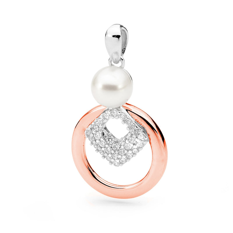 14ct Rose Gold Plated Sterling Silver Freshwater Pearl & Cubic Zirconia Pendant