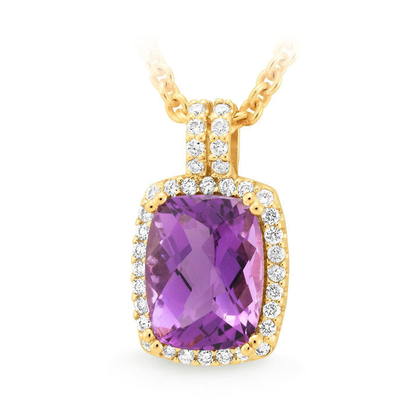 Amethyst & Diamond Claw/Bead Set Pendant in 9ct Yellow Gold