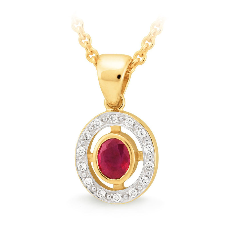 Ruby & Diamond Bezel/Bead Set Pendant in 9ct Yellow Gold