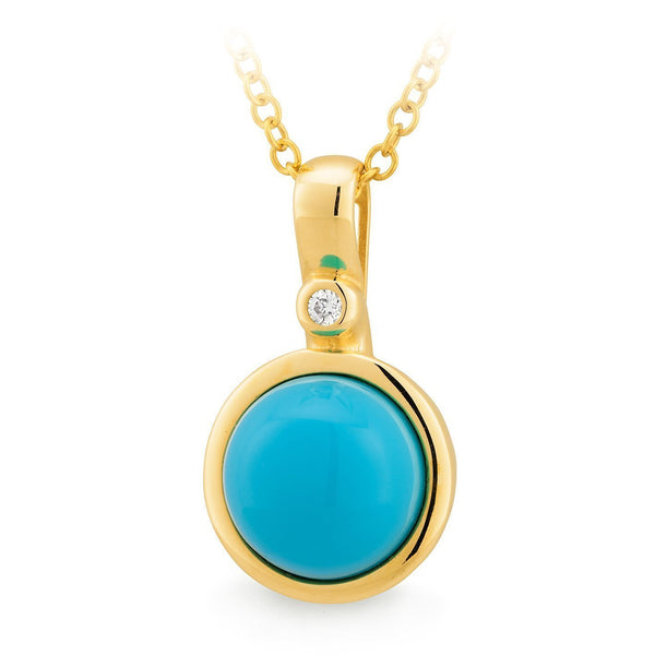 Turquoise Reconstituted & Diamond Bezel Set Pendant in 9ct Yellow Gold