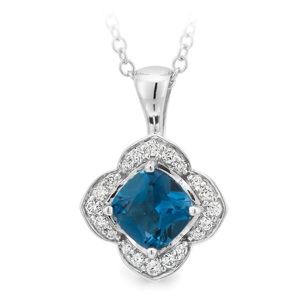 London Blue Topaz & Diamond Claw/Bead Set Pendant in 9ct White Gold