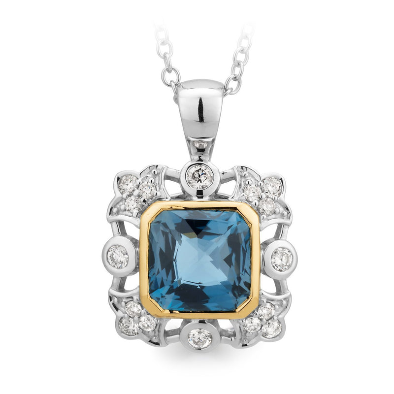 London Blue Topaz & Diamond Bezel/Bead Set Pendant in 9ct White & Yellow Gold