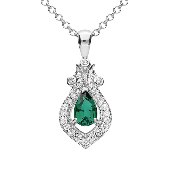 9Ct White Gold Created Emerald & 0.135Ct Diamond Pendant