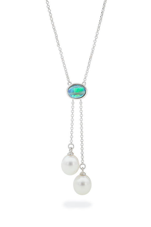 Sterling Silver Light Solid Opal & Freshwater Pearl Lariat Necklace